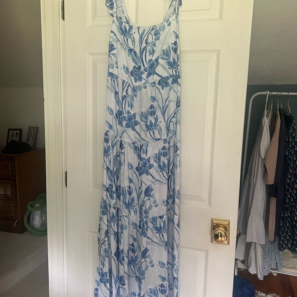 Kenny Flowers White Maxi Dress with Blue Floral Print